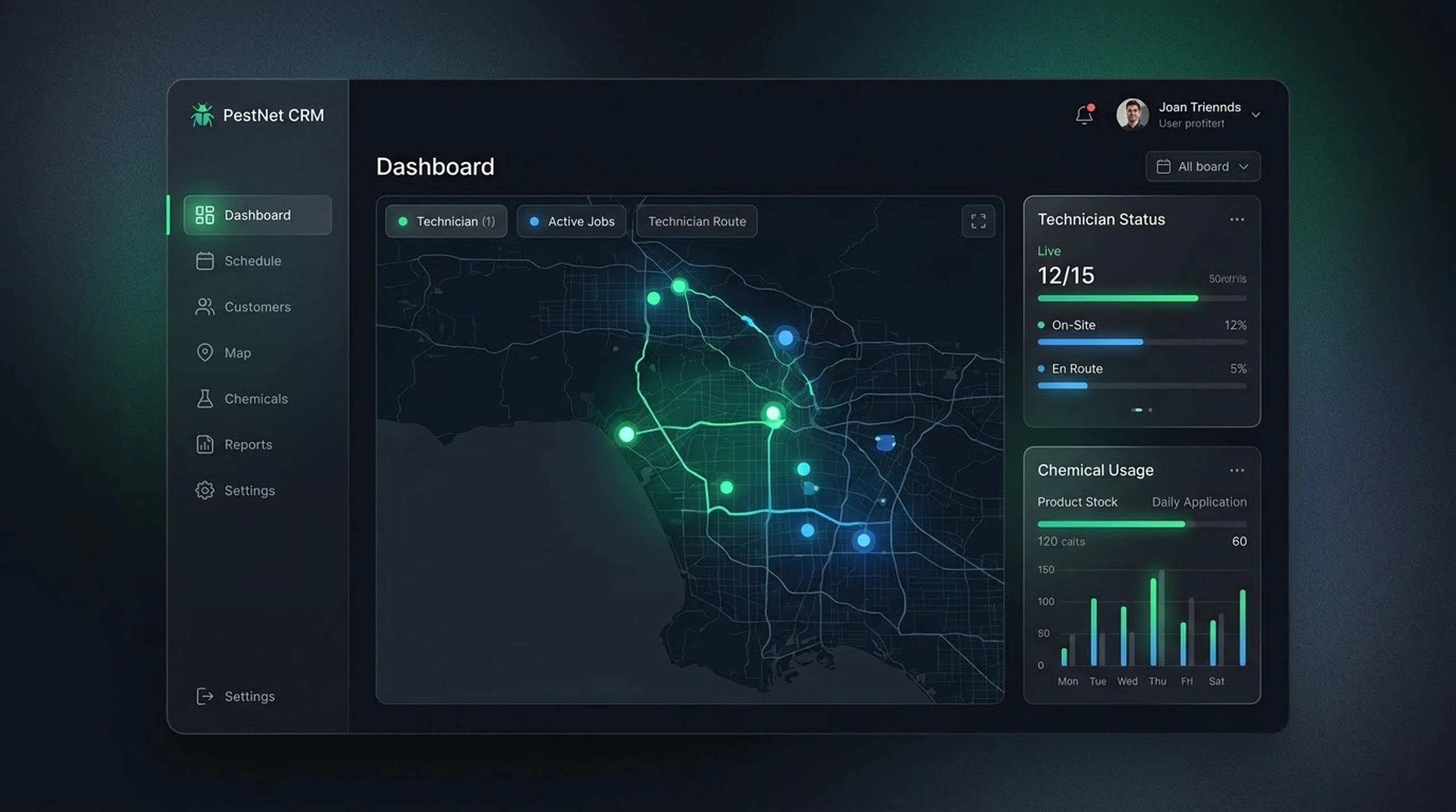 Pest Control Plan Wise CRM dashboard showing live route tracking, technician status, and chemical usage